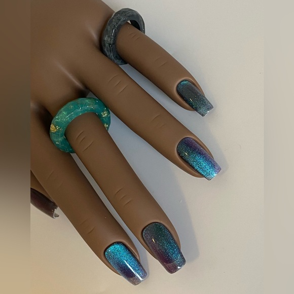 Handmade press on nails, 20 pc, blue magnetic gel - Picture 11 of 13